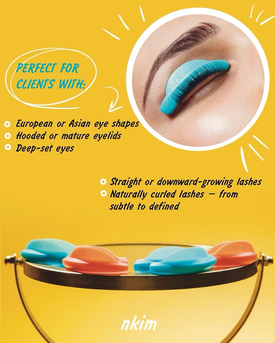 A four-pair set of nKim Ray Effect lash lift shields in light blue and orange, designed for deep-set and hooded eyes in professional Australian salons.