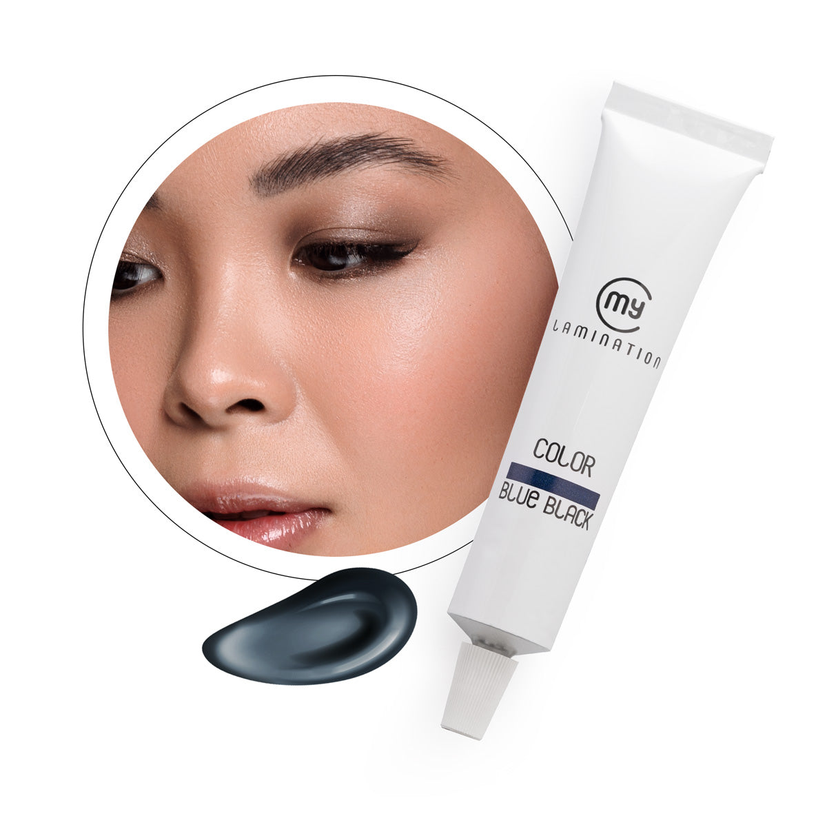A 20ml tube of My Lamination Light Brown tint shown with five professional colour swatches ranging from Blue Black to Light Brown and a model with perfectly tinted brows.