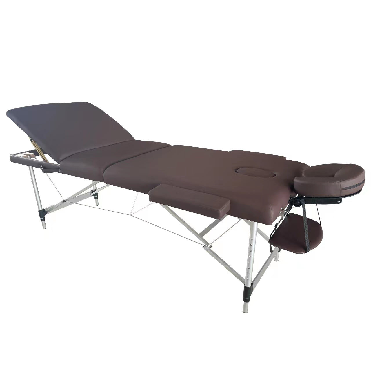 The Karma Bluff is a three-section foldable massage table with lightweight aluminium legs, a raised backrest, and integrated face hole for mobile beauty and massage services.
