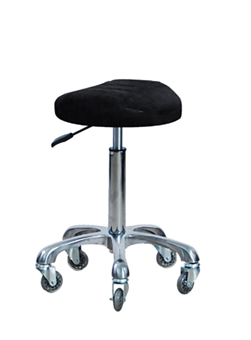 The Karma Burnie is a professional ergonomic salon stool featuring a raised-centre round seat, polished aluminium base, and hair-free rollerblade wheels.