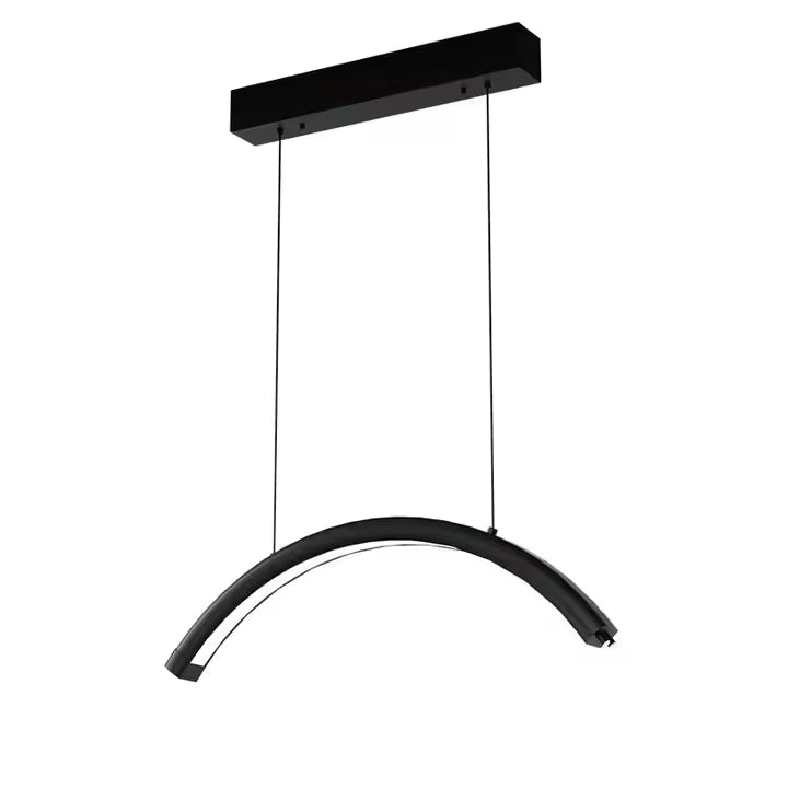 The Karma Ceiling Mounted LED Half Moon Light is a 28-inch overhead curved arc treatment lamp suspended by adjustable dual-wire cables.