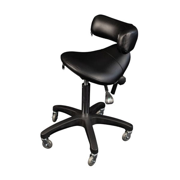 The Karma Davenport Saddle Stool in Black, featuring a forward-facing chest/back support bracket, dual adjustment levers, and a 5-star mobile base.