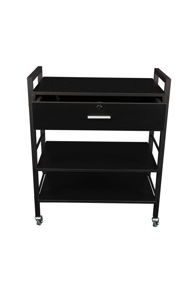 The Karma Driver Beauty Trolley in a sleek black powder-coated finish, featuring two spacious shelves, a melamine storage drawer with glides, and high-quality rubber castors.
