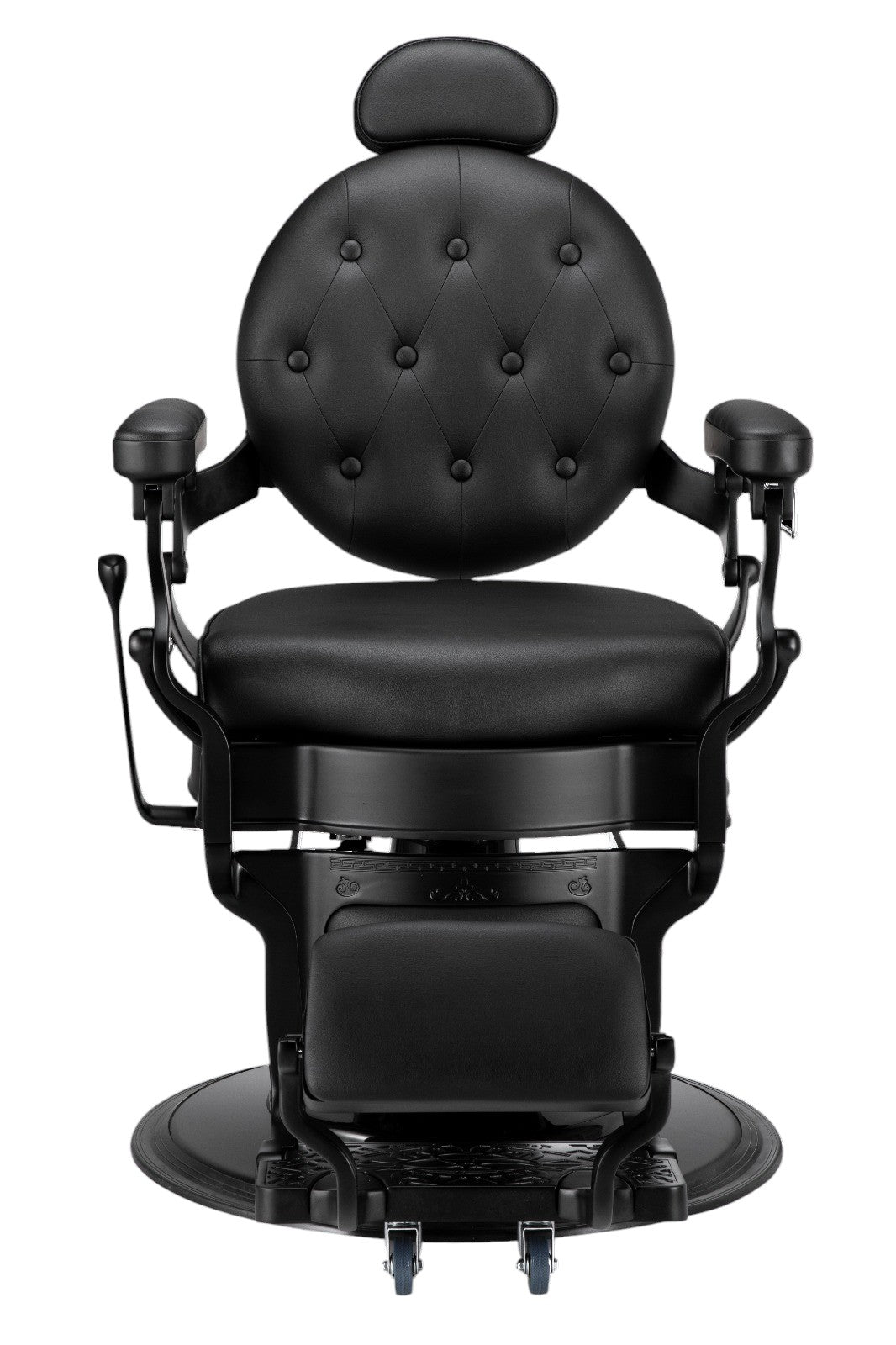The Karma Mackay Barber Chair features a vintage tufted black leatherette seat, gold heavy-duty frame, and a reclining backrest with adjustable headrest.