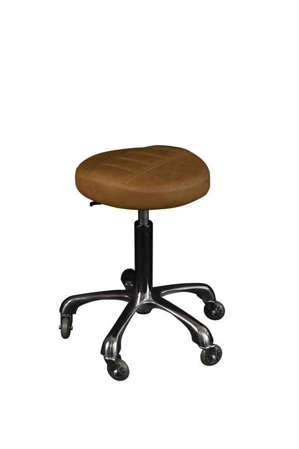 The Karma Burnie is a professional ergonomic salon stool featuring a raised-centre round seat, polished aluminium base, and hair-free rollerblade wheels.