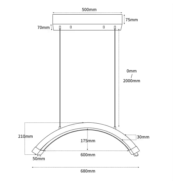 The Karma Ceiling Mounted LED Half Moon Light is a 28-inch overhead curved arc treatment lamp suspended by adjustable dual-wire cables.