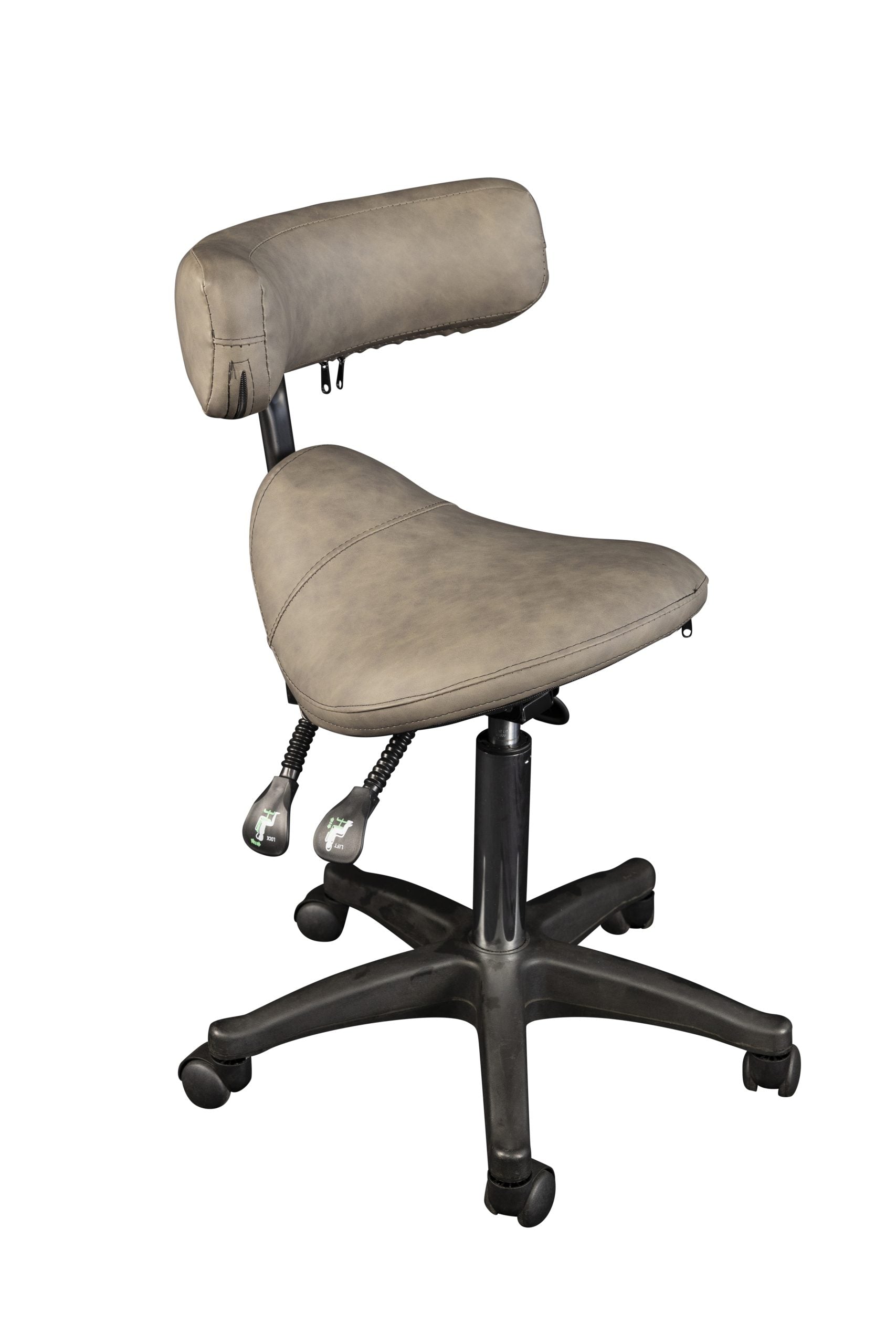 The Karma Davenport Saddle Stool in Grey, featuring a forward-facing chest/back support bracket, dual adjustment levers, and a 5-star mobile base.