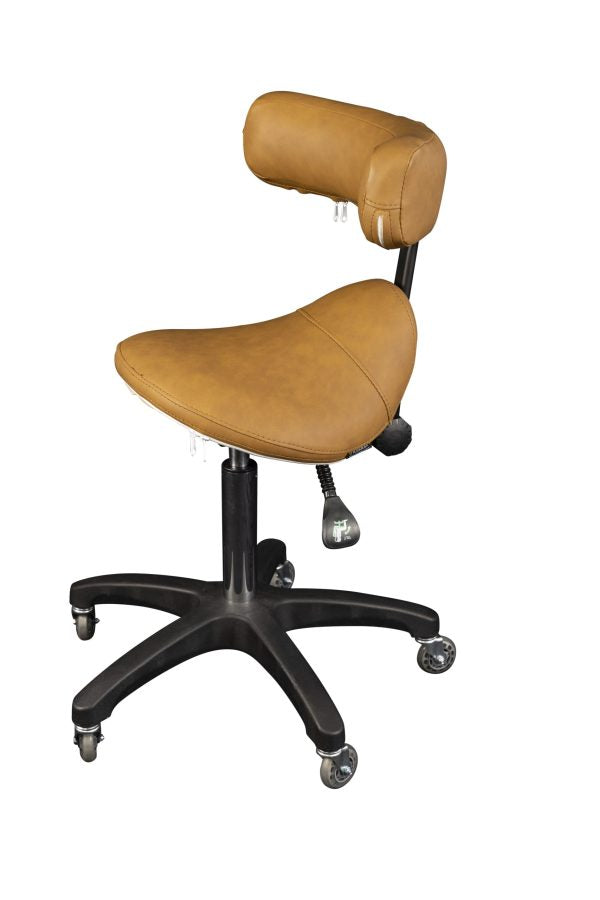 The Karma Davenport Saddle Stool in Tan, featuring a forward-facing chest/back support bracket, dual adjustment levers, and a 5-star mobile base.