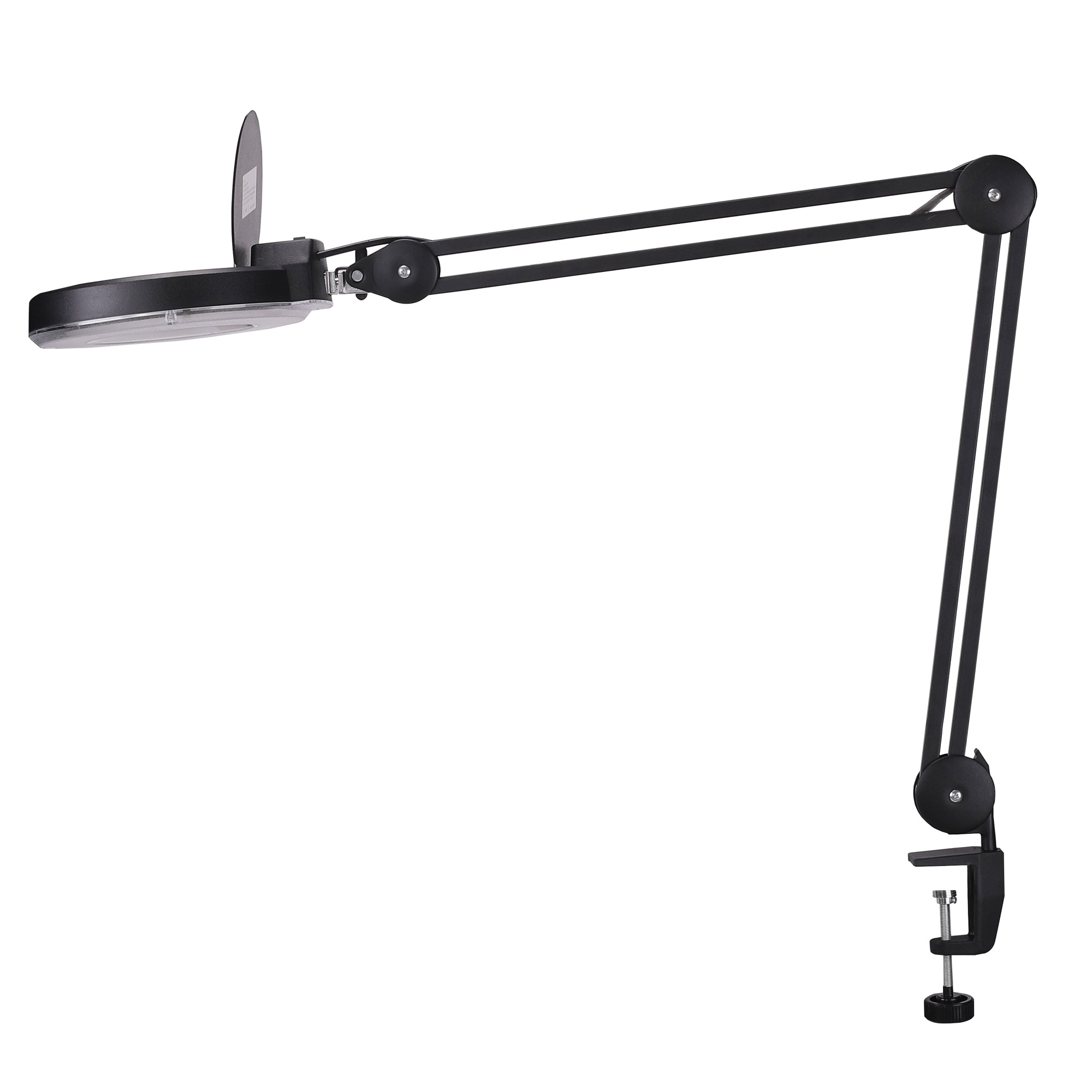 The Karma Magi LED Lamp is a 5 diopter magnifying ring light featuring an adjustable spring-balanced metal arm and a heavy-duty table C-clamp.