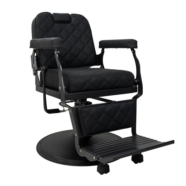 The Karma Paddington is a black barber chair with a heavy-duty base, 300kg rated hydraulic pump, and classic diamond-patterned quilted upholstery.