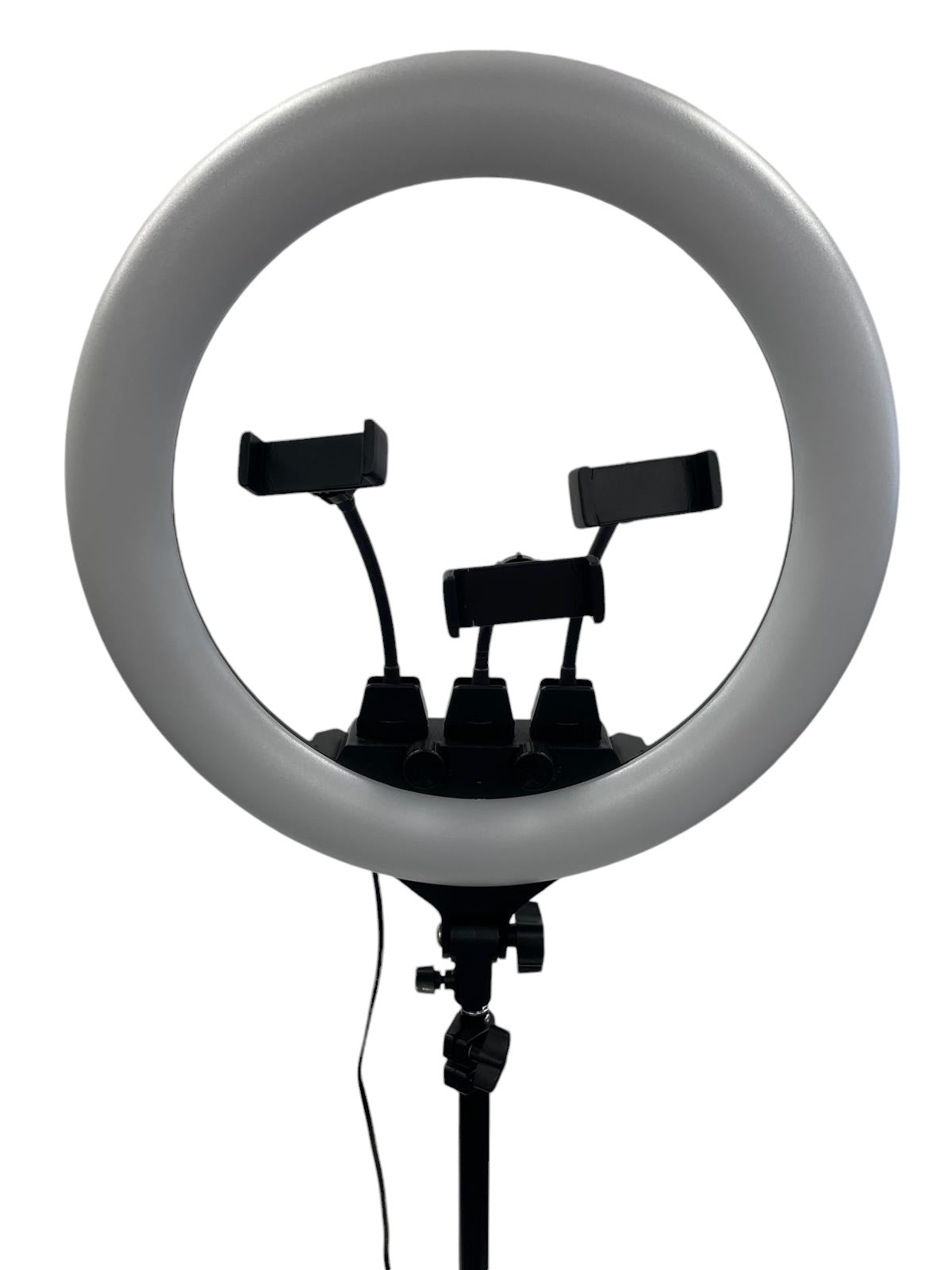 The Karma Ring Beauty Light is an 18-inch black LED ring light mounted on an adjustable floor tripod stand with a built-in central mirror interface.