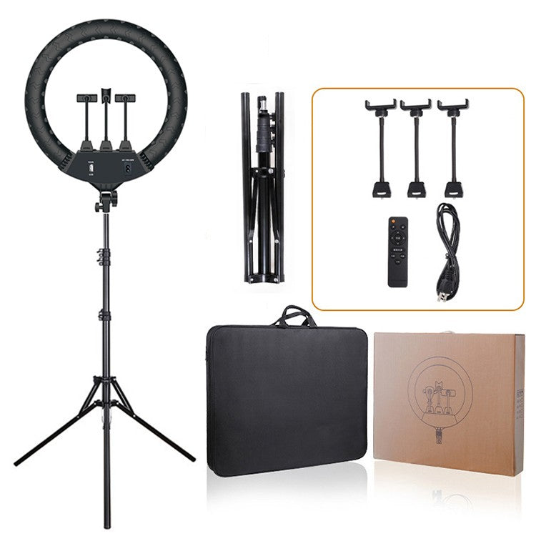 The Karma Ring Beauty Light is an 18-inch black LED ring light mounted on an adjustable floor tripod stand with a built-in central mirror interface.