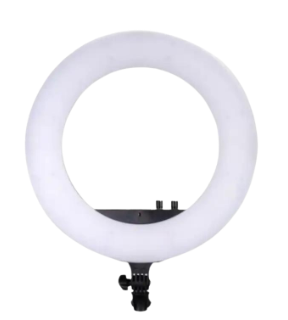 The Karma Ring Beauty Light is an 18-inch black LED ring light mounted on an adjustable floor tripod stand with a built-in central mirror interface.