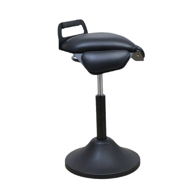 The Karma St Franklin Pedestal Stool features a weighted black non-slip base, ergonomic saddle-style seat, and integrated rear handle for professional salon and clinic use.