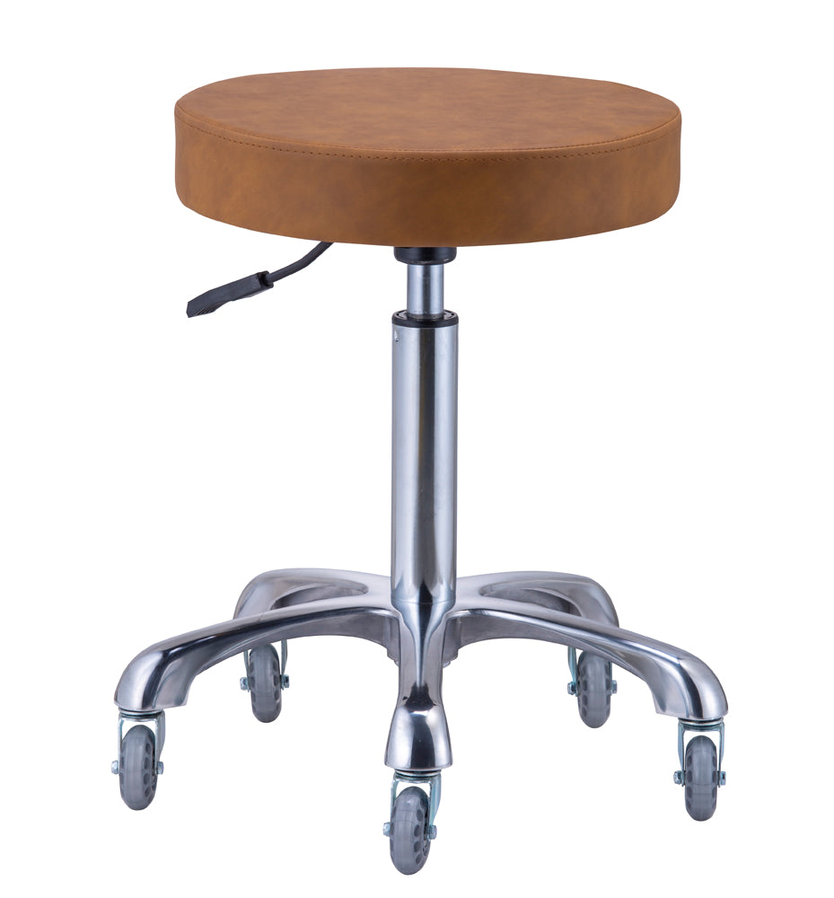 The Karma St Helens is a professional tan round cutting stool featuring a polished aluminium base and specialised hair-free rubber rollerblade wheels.