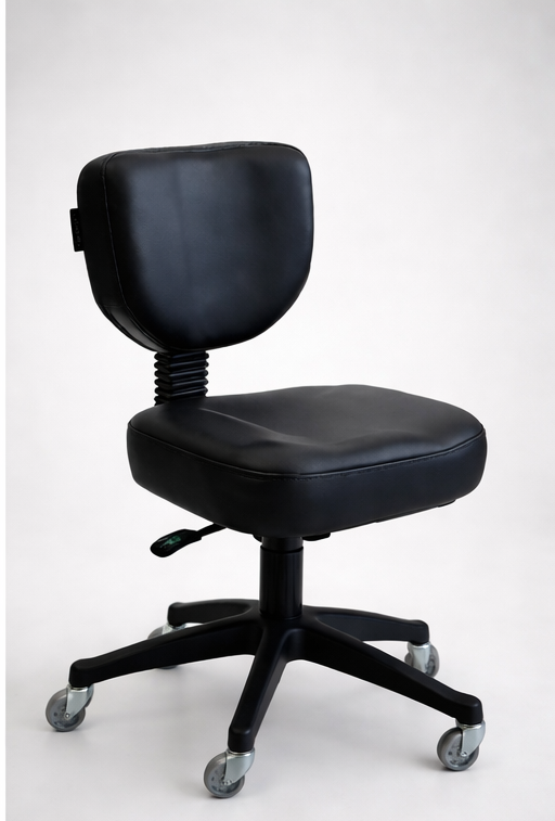 The Karma Stanley is a professional black hydraulic salon stool featuring an ergonomic backrest, 5-star stable base, and smooth-rolling casters.