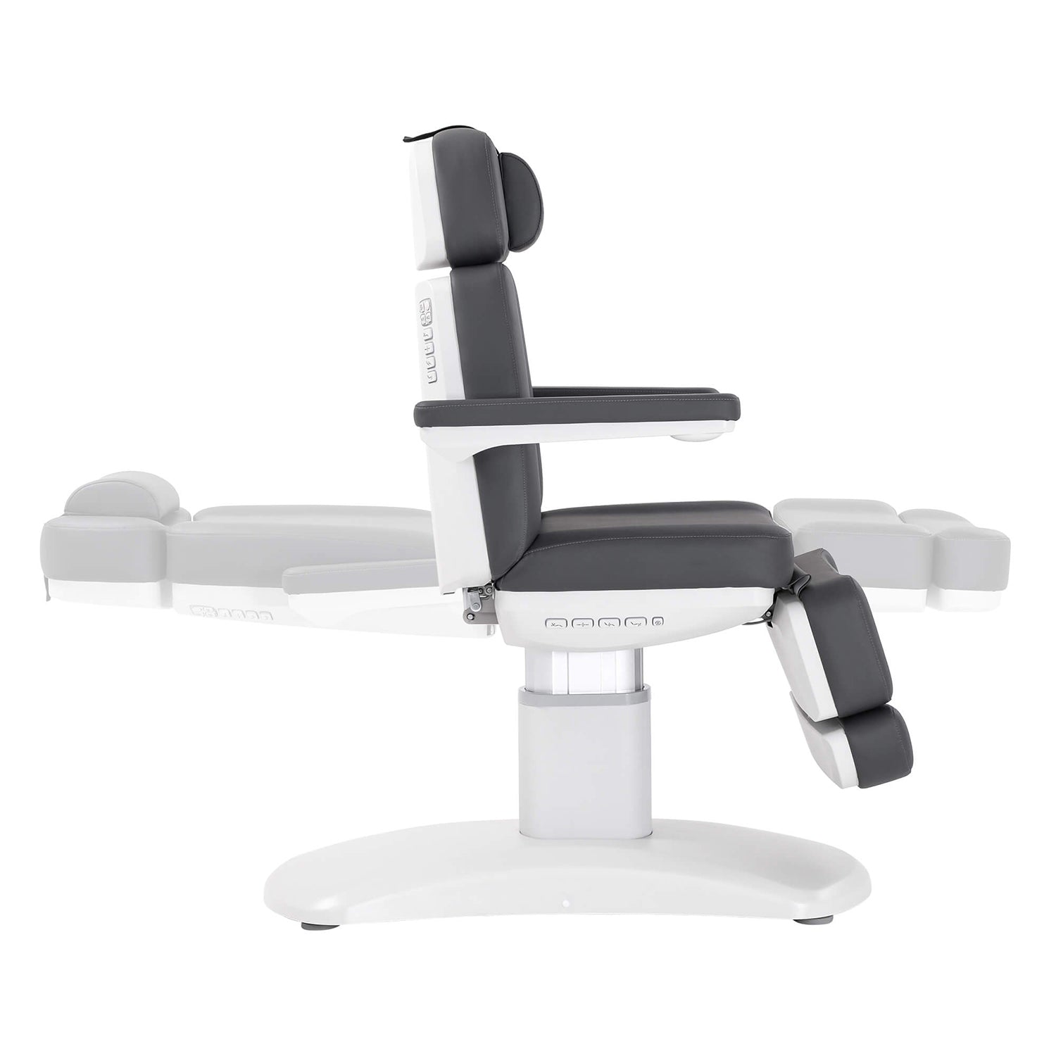 The Karma Stratford is a premium white 4-motor electric beauty bed featuring a high-stability column design and medical-grade antimicrobial vinyl.