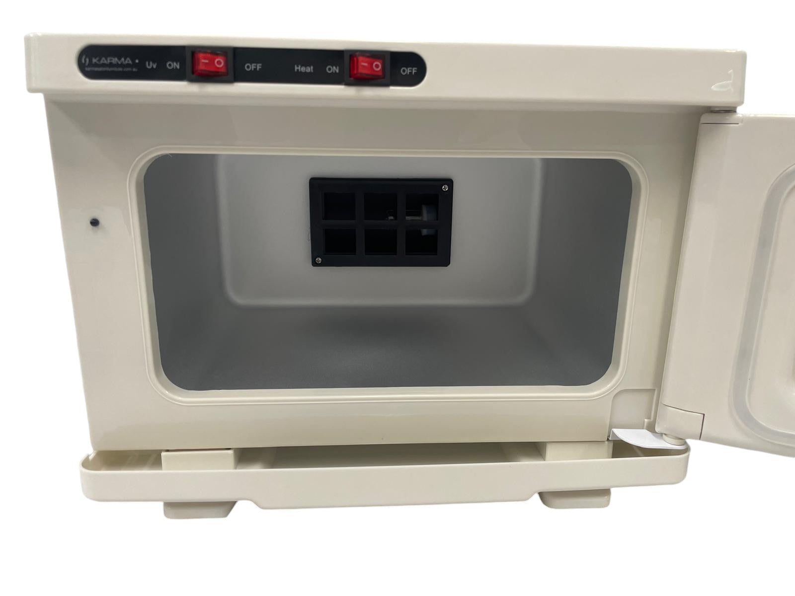 The Karma 8L UV Hot Towel Cabinet in professional gloss white, featuring independent UV and heat power switches, an viewing window, and a compact clinical benchtop frame.