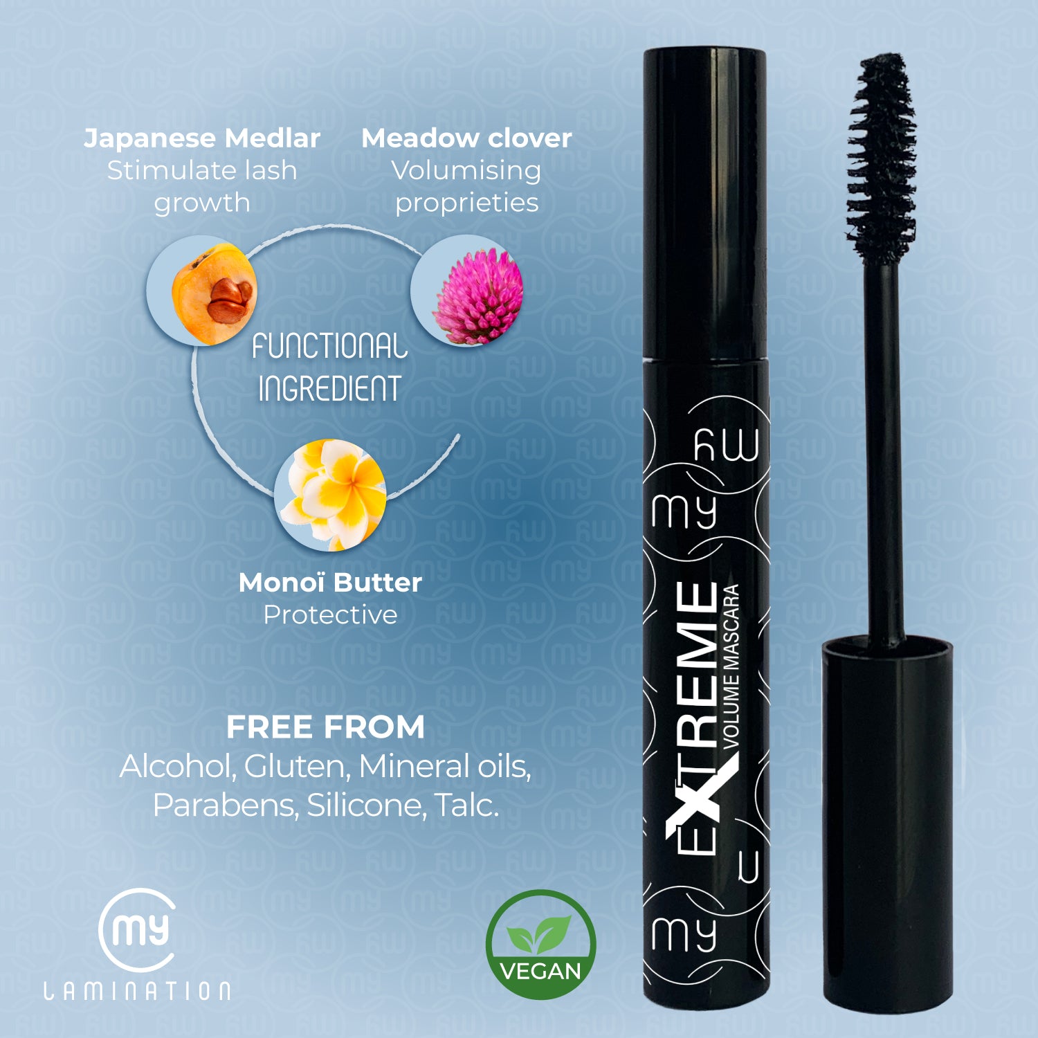 My Lamination Extreme Volume Vegan Mascara tube and large hourglass-shaped fibre brush, showing a model with dense, voluminous lashes and the green Vegan certification leaf.
