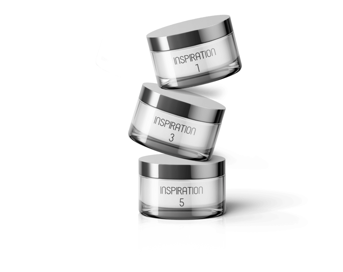 The image shows jars of INSPIRATION balm with a small amount applied to an eyebrow, with a woman holding a jar and applying the balm, and a close-up of the balm product.