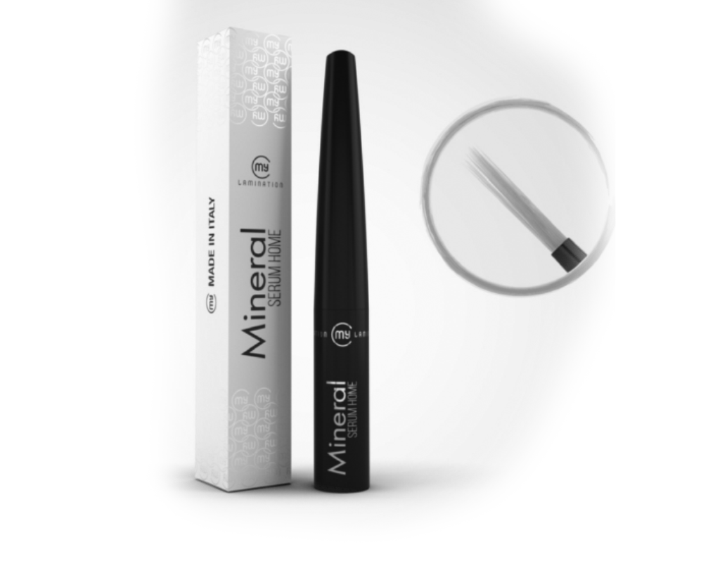 My Lamination Mineral Serum Home 4.5ml bottle and box shown with a precision fine-tip applicator brush and a model applying the serum to the upper lash line.