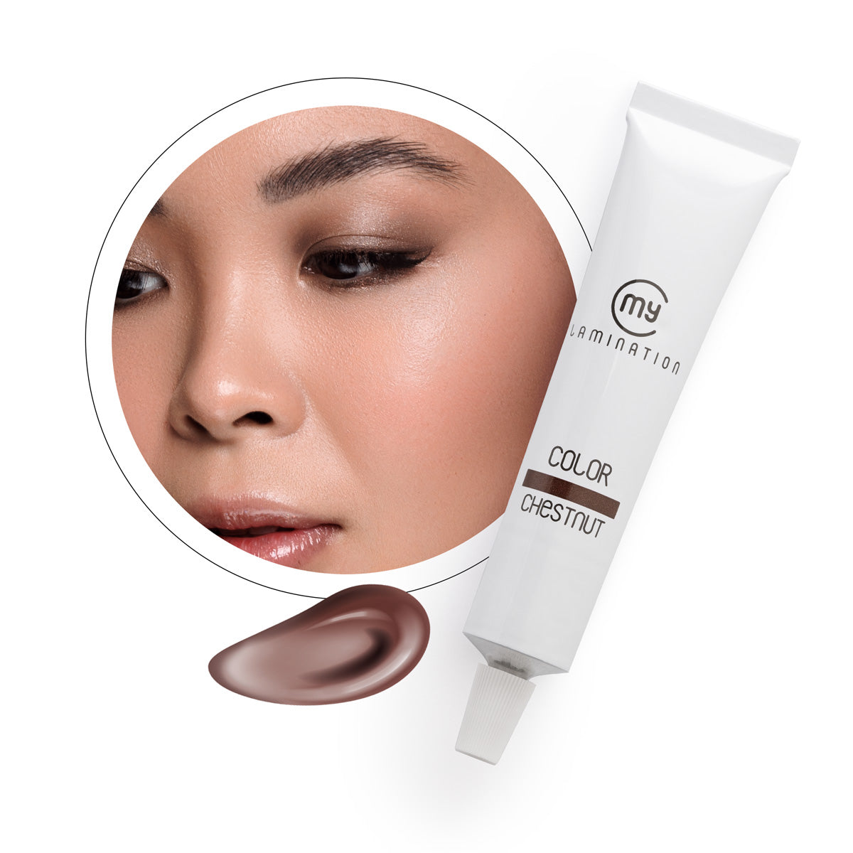 A 20ml tube of My Lamination Light Brown tint shown with five professional colour swatches ranging from Blue Black to Light Brown and a model with perfectly tinted brows.