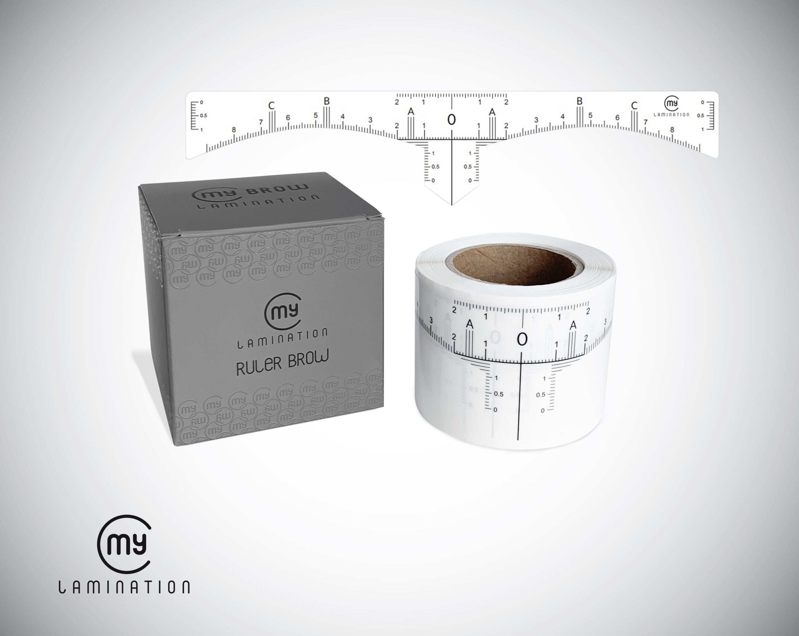 A roll of 50 disposable self-adhesive brow mapping rulers by My Lamination, shown applied to a model's forehead for precise eyebrow symmetry and shape drawing.