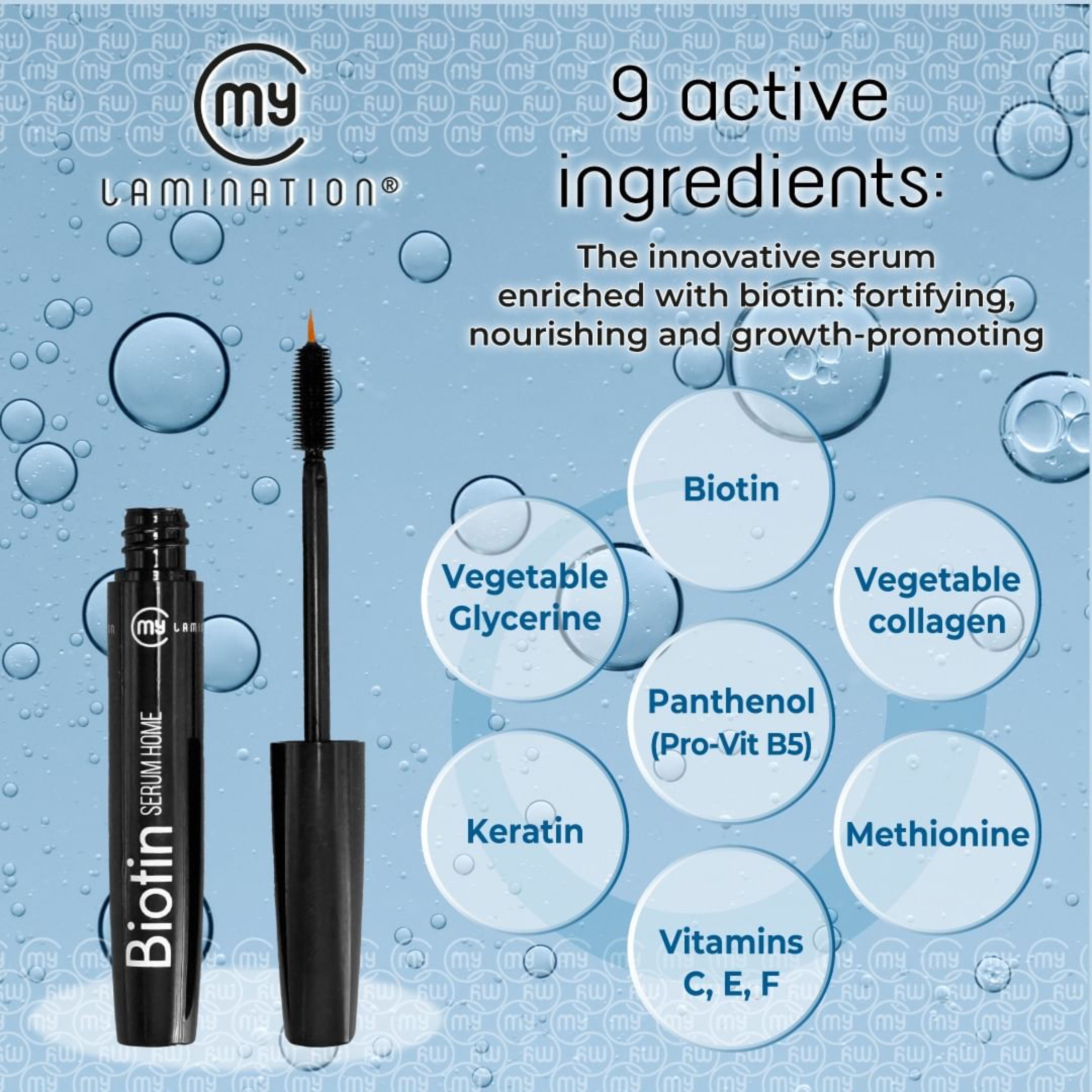 Model with healthy lashes and brows next to the My Lamination Biotin Serum Home 10ml tube, showing the innovative dual-applicator with both a mascara spoolie and a fine-tip brush.