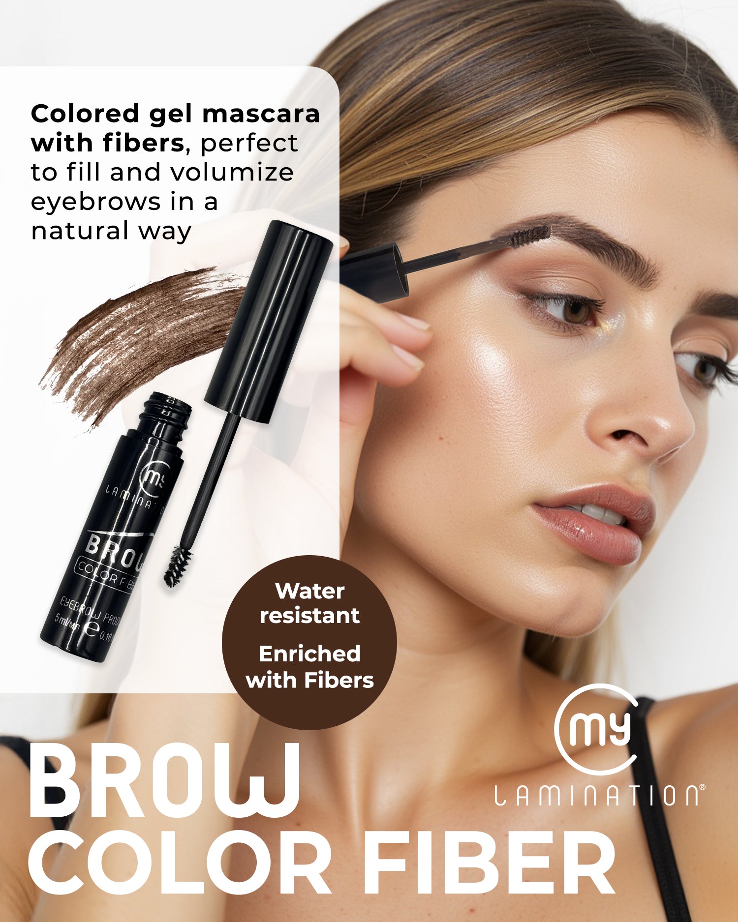 My Lamination Brow Colour Fiber 5ml tube in Medium Brown next to its grey retail box, showing the "Made in Italy" professional branding.
