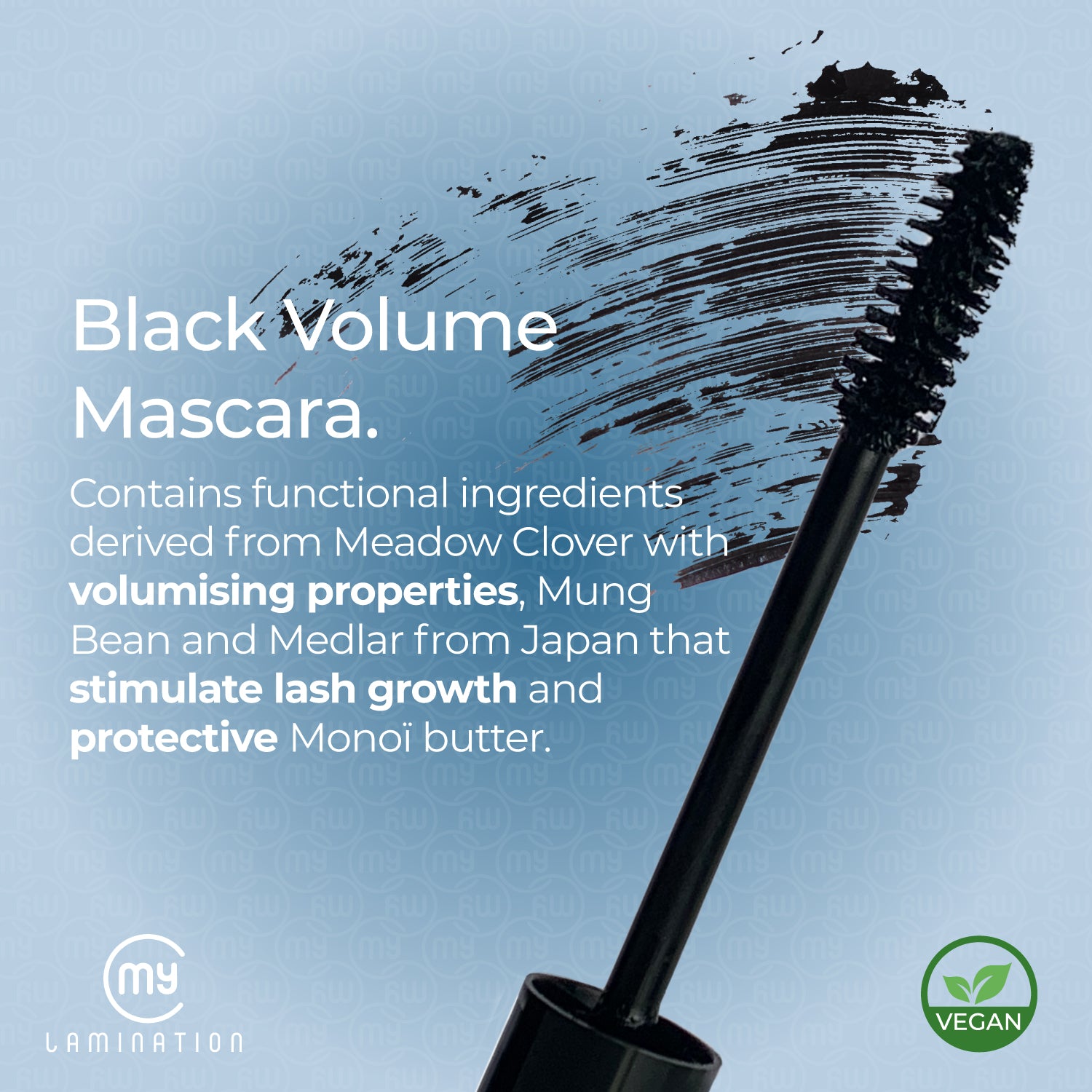 My Lamination Extreme Volume Vegan Mascara tube and large hourglass-shaped fibre brush, showing a model with dense, voluminous lashes and the green Vegan certification leaf.