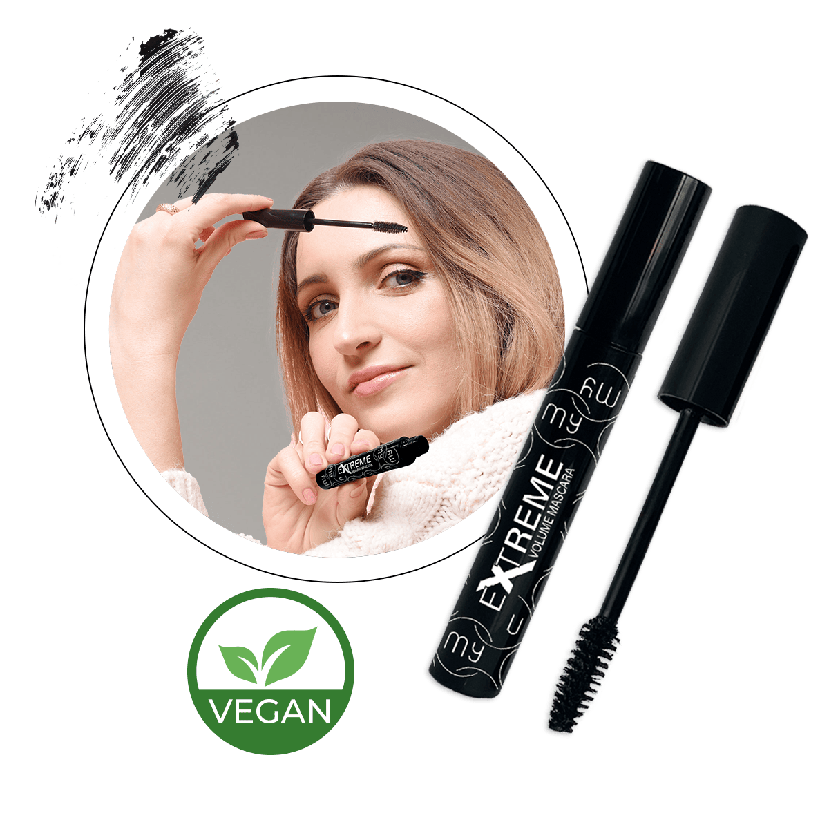 My Lamination Extreme Volume Vegan Mascara tube and large hourglass-shaped fibre brush, showing a model with dense, voluminous lashes and the green Vegan certification leaf.
