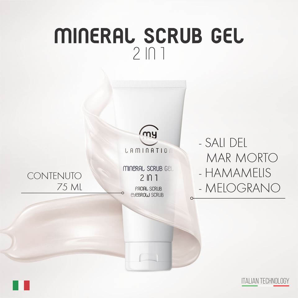 My Lamination Mineral Scrub Gel 2-in-1 in a 75ml tube featuring a clear gel texture swatch and a model with glowing, exfoliated skin ready for brow lamination.