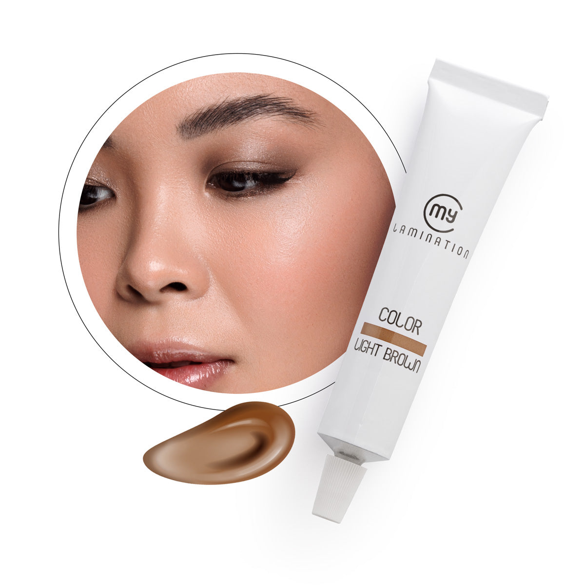 A 20ml tube of My Lamination Light Brown tint shown with five professional colour swatches ranging from Blue Black to Light Brown and a model with perfectly tinted brows.