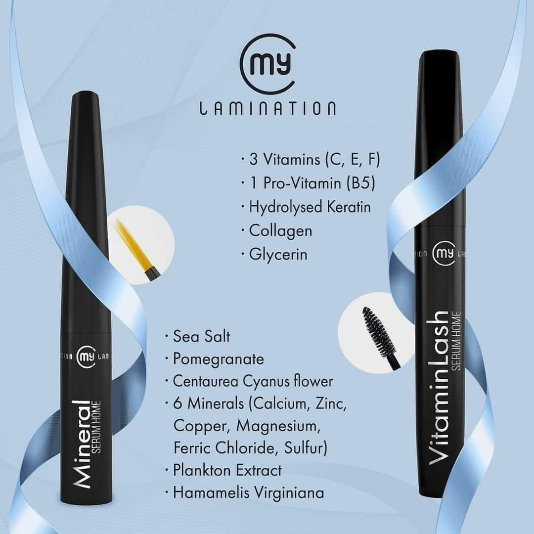 Model applying My Lamination Vitamin Lash Serum Home to brows with a spoolie brush alongside the 10ml black serum tube and white cream texture swatch.
