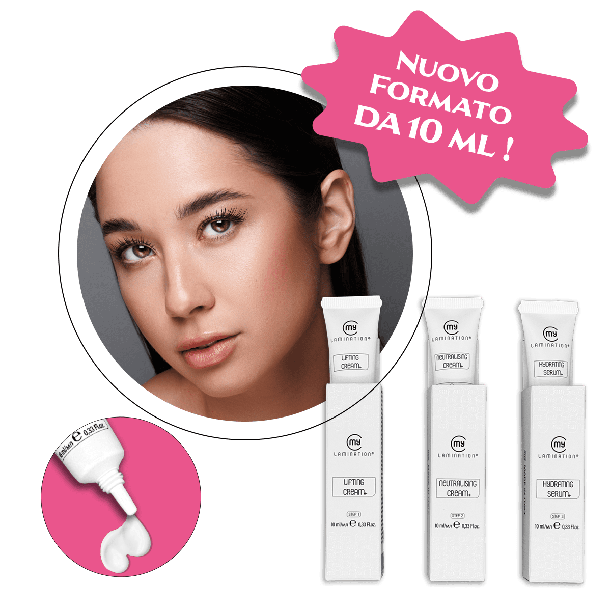My Lamination professional 10ml tube kit featuring Step 1 Lifting Cream, Step 2 Neutralising Cream, and Step 3 Hydrating Serum alongside a model with lifted lashes.