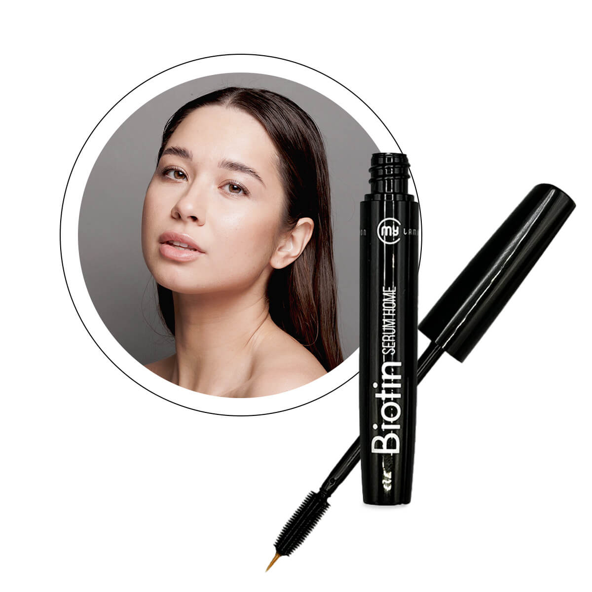 Model with healthy lashes and brows next to the My Lamination Biotin Serum Home 10ml tube, showing the innovative dual-applicator with both a mascara spoolie and a fine-tip brush.