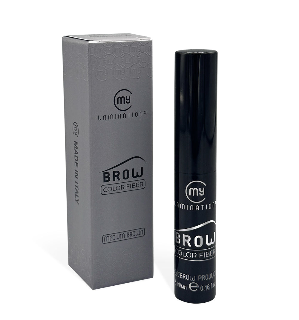 My Lamination Brow Colour Fiber 5ml tube in Medium Brown next to its grey retail box, showing the "Made in Italy" professional branding.