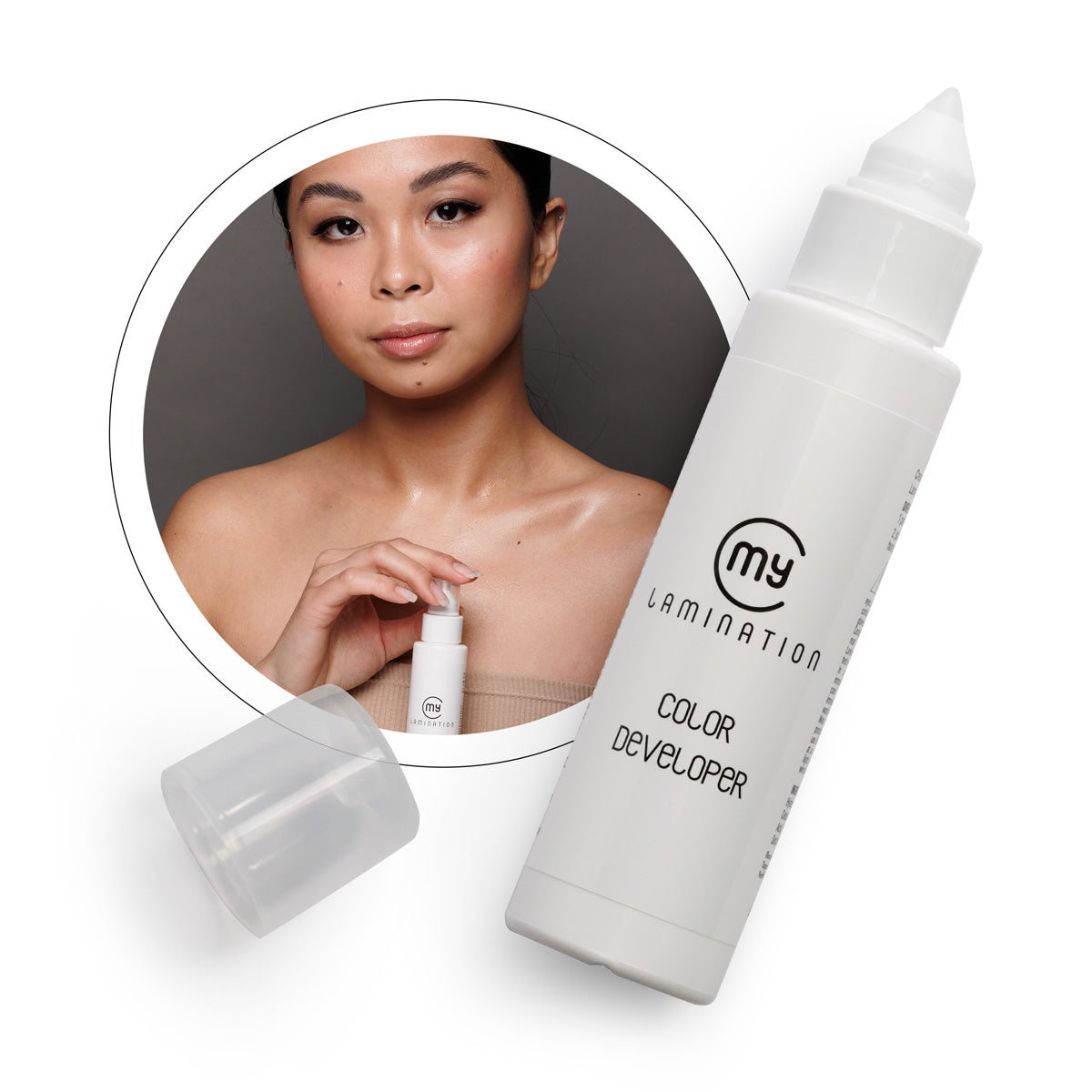 My Lamination 2% Colour Developer bottle shown with its unique precision-moulded soft silicone tip for easy, mess-free dispensing of cream oxidant.