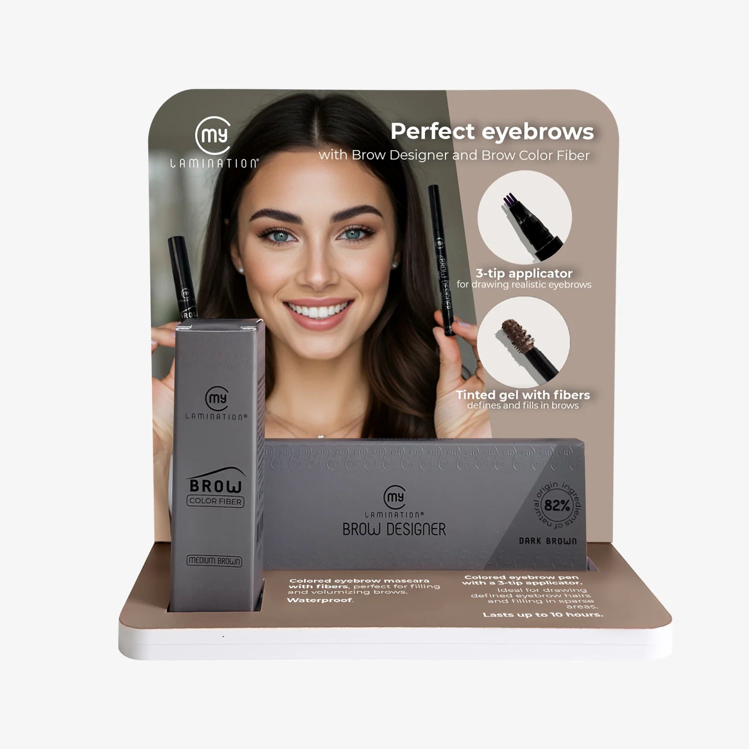 My Lamination retail countertop display stand for lash and brow aftercare products on salon reception desk.