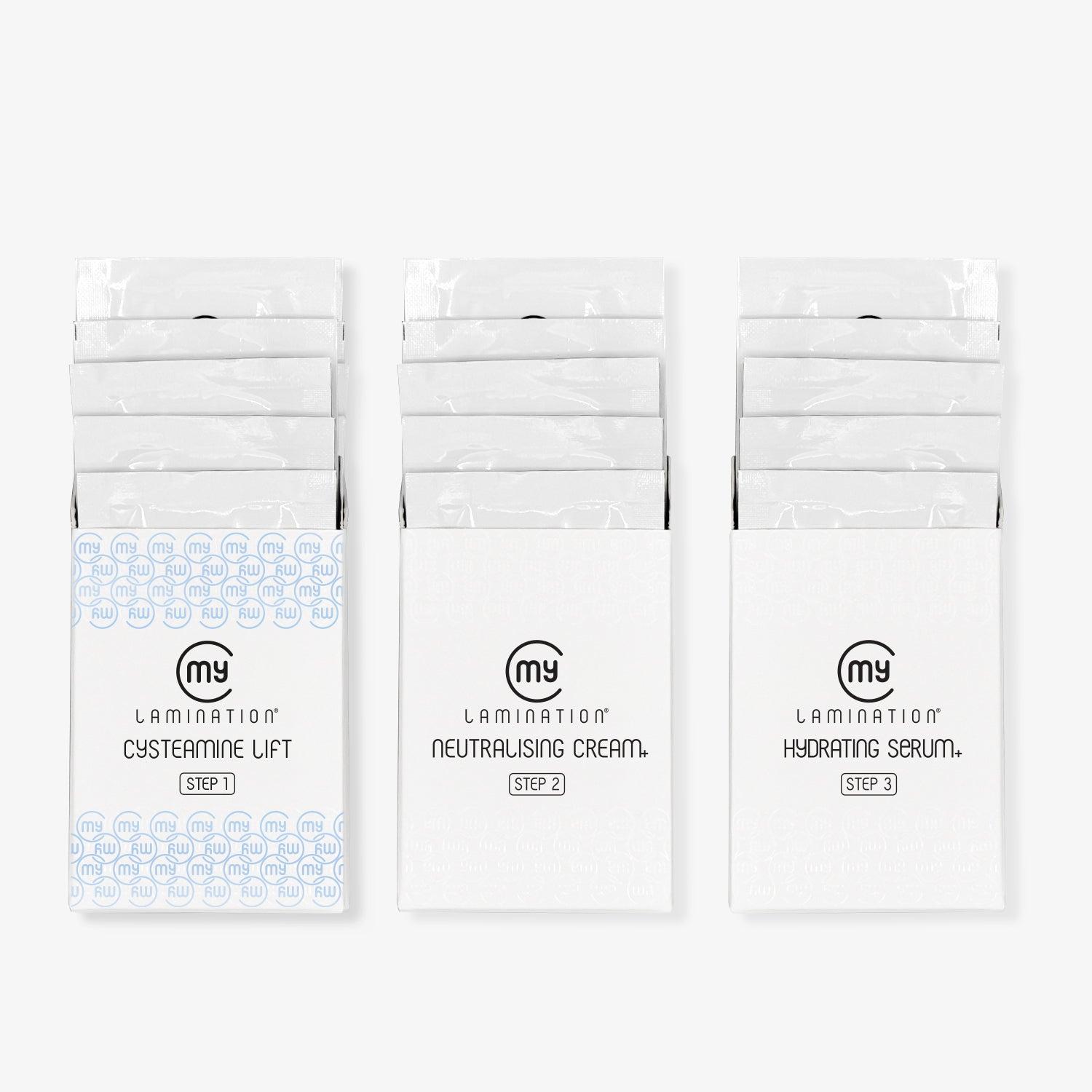 My Lamination Cysteamine Lift System. All 3 teps in boxes containing 1.5ml x5 sachets each, for professional lash lifting and eyebrow lamination, creamy texture for precise application.