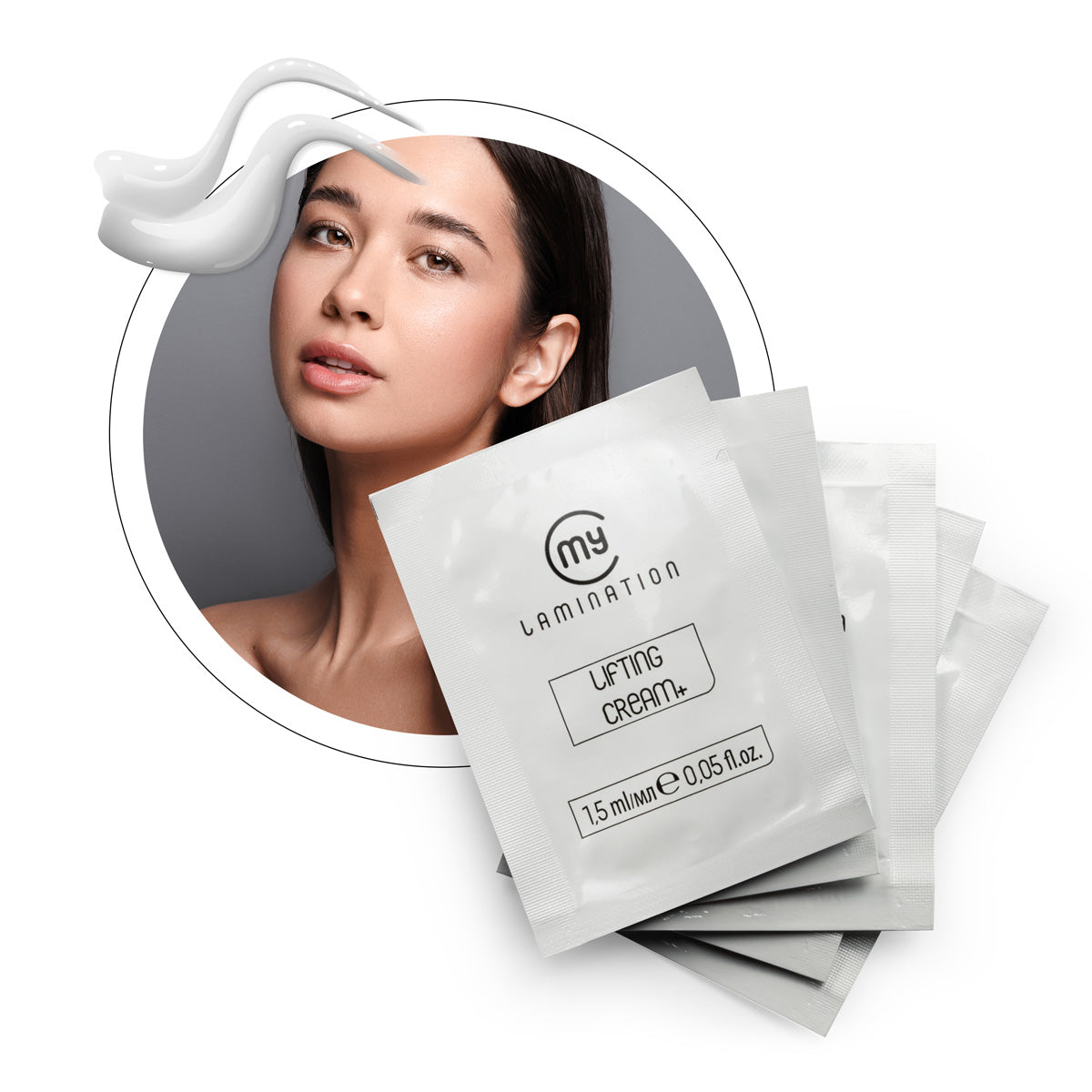 Five 1.5ml sachets of My Lamination Lifting Cream+ Step 1 stacked alongside a model with perfectly lifted lashes and a swatch of the rich, white creamy texture.