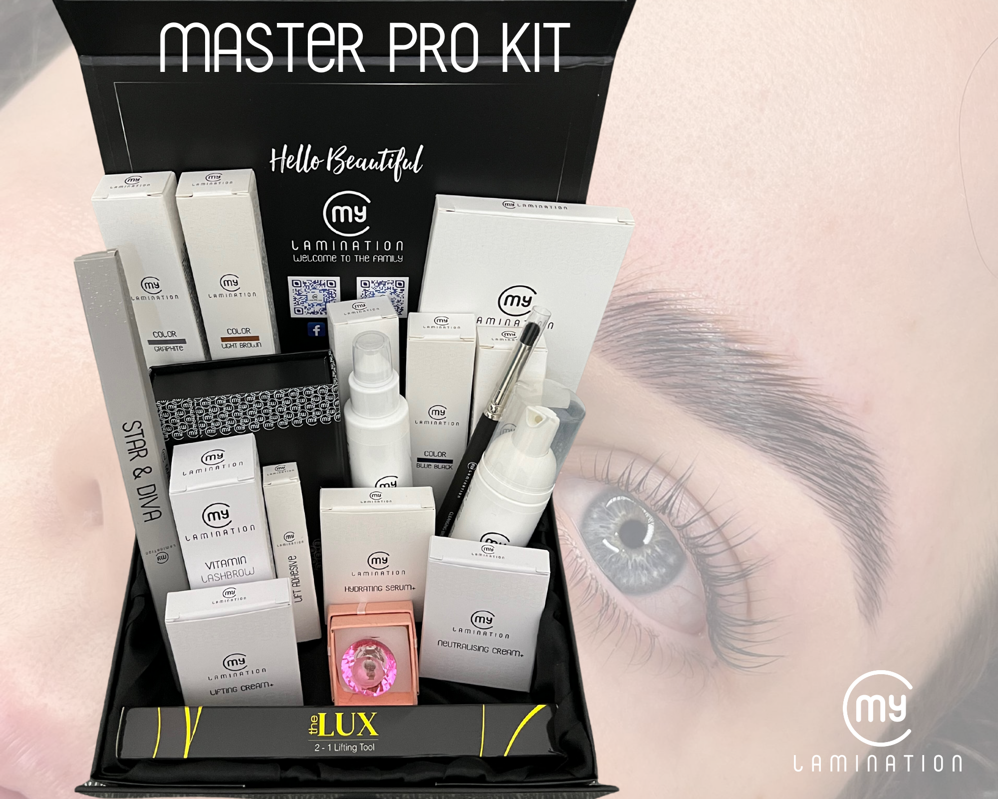The My Lamination Master Pro Kit displayed in a premium black branded box, featuring a complete array of lamination solutions, mixed tints, developer, and the Luxe 2-in-1 lifting tool.
