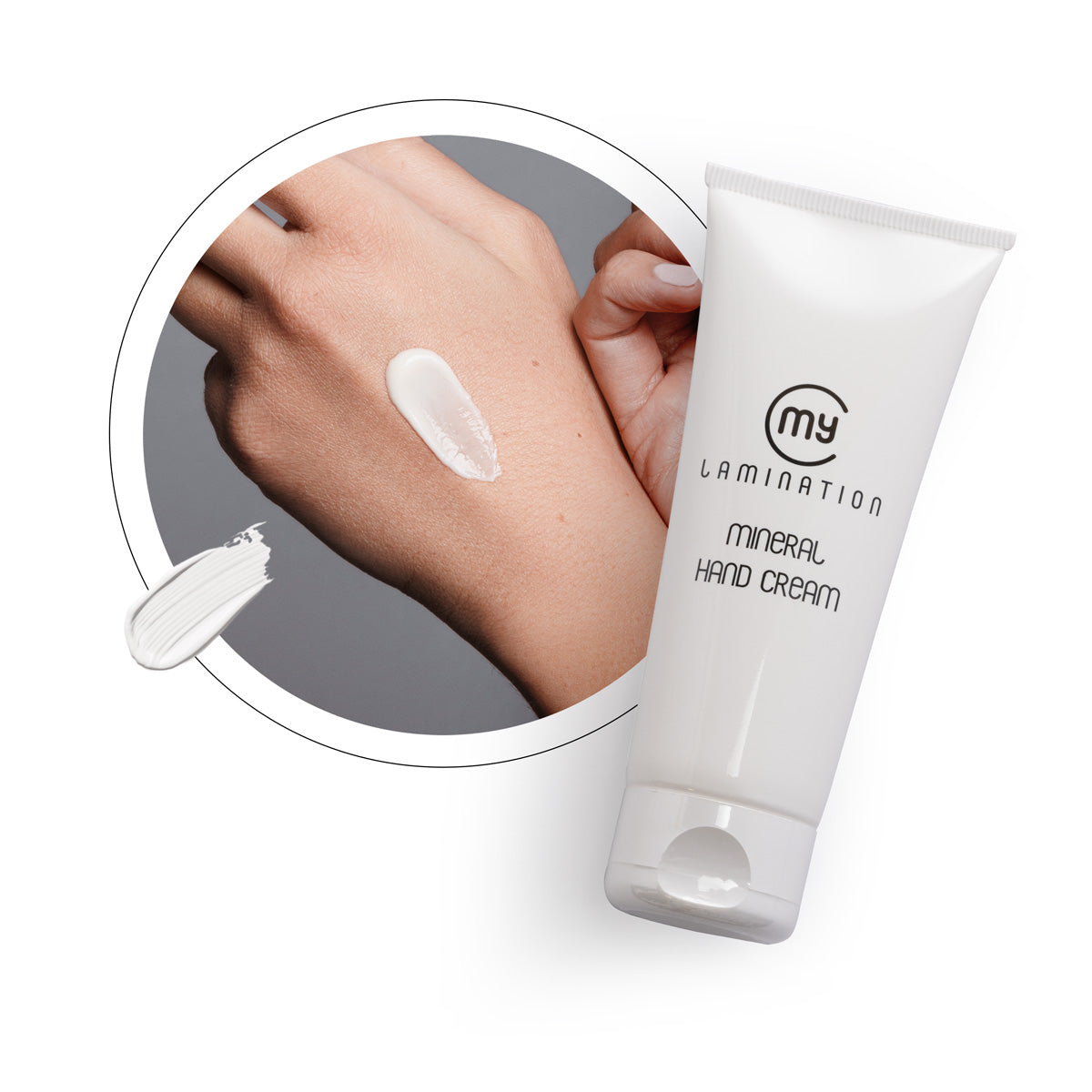 A 75ml tube of My Lamination Mineral Hand Cream next to a close-up of the creamy white texture being applied to a therapist's hand, highlighting its rapid absorption.