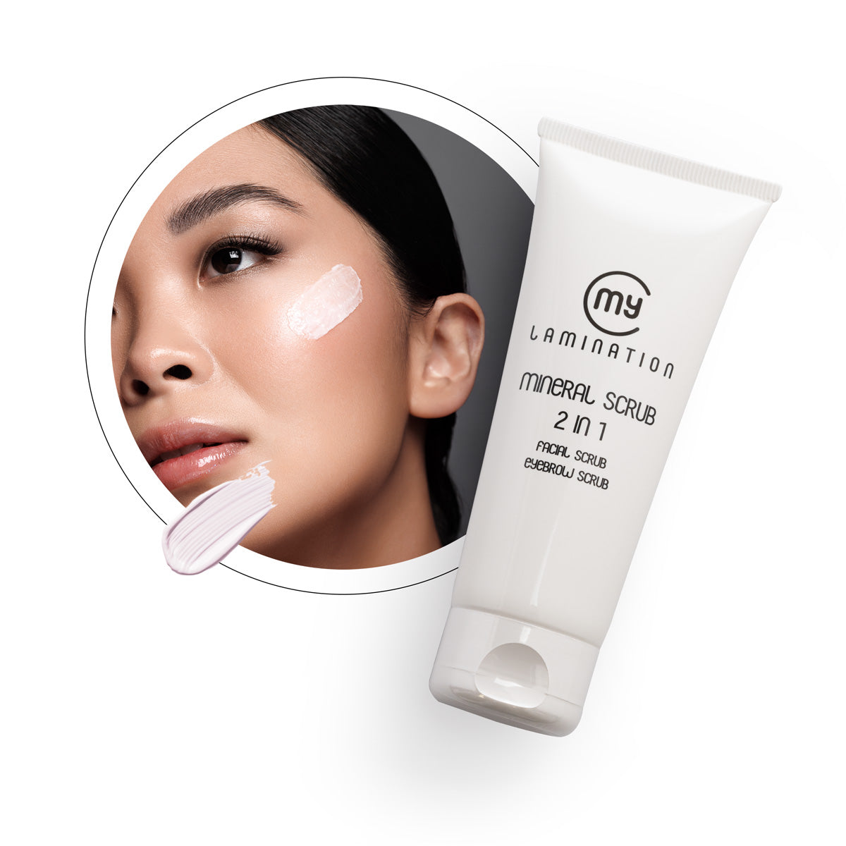 My Lamination Mineral Scrub 2-in-1 75ml tube shown with a pinkish creamy texture swatch and a model applying the exfoliant to her cheek for clear, refined skin.