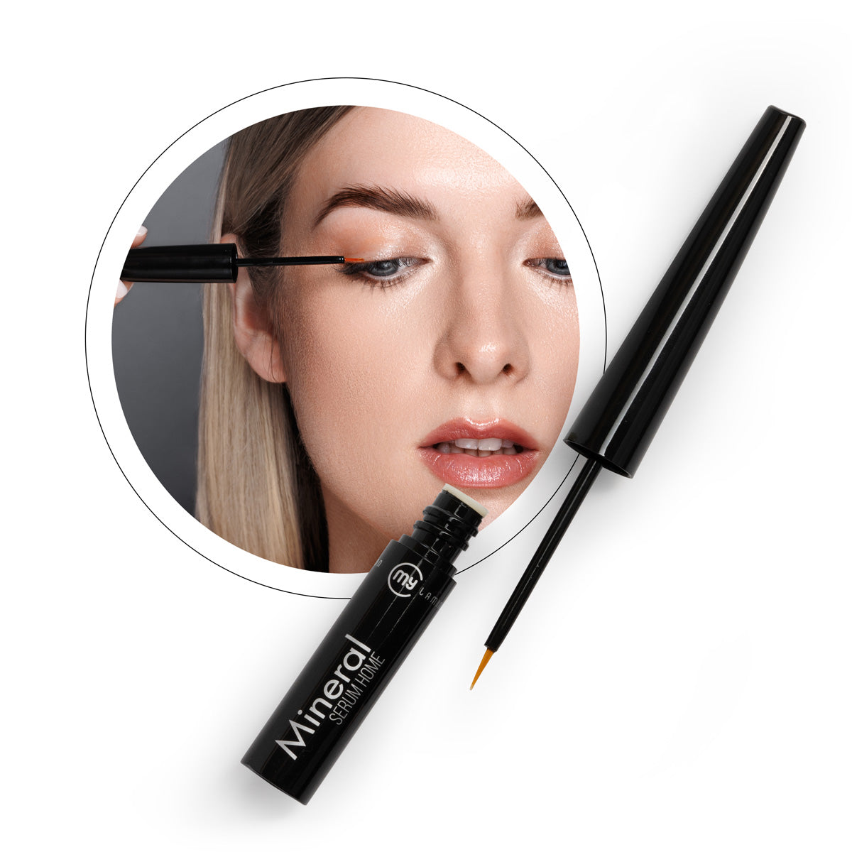 My Lamination Mineral Serum Home 4.5ml bottle and box shown with a precision fine-tip applicator brush and a model applying the serum to the upper lash line.