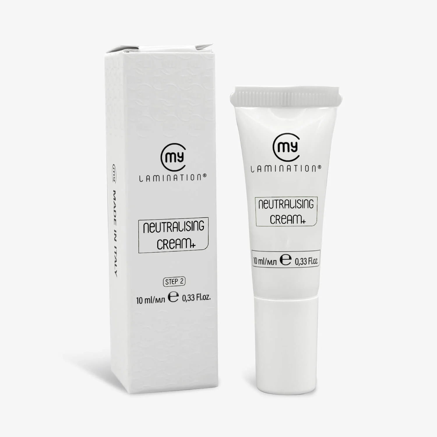 A 10ml tube of My Lamination Neutralising Cream Plus Step 2, used for setting lash lifts and brow laminations in Australian professional beauty salons.