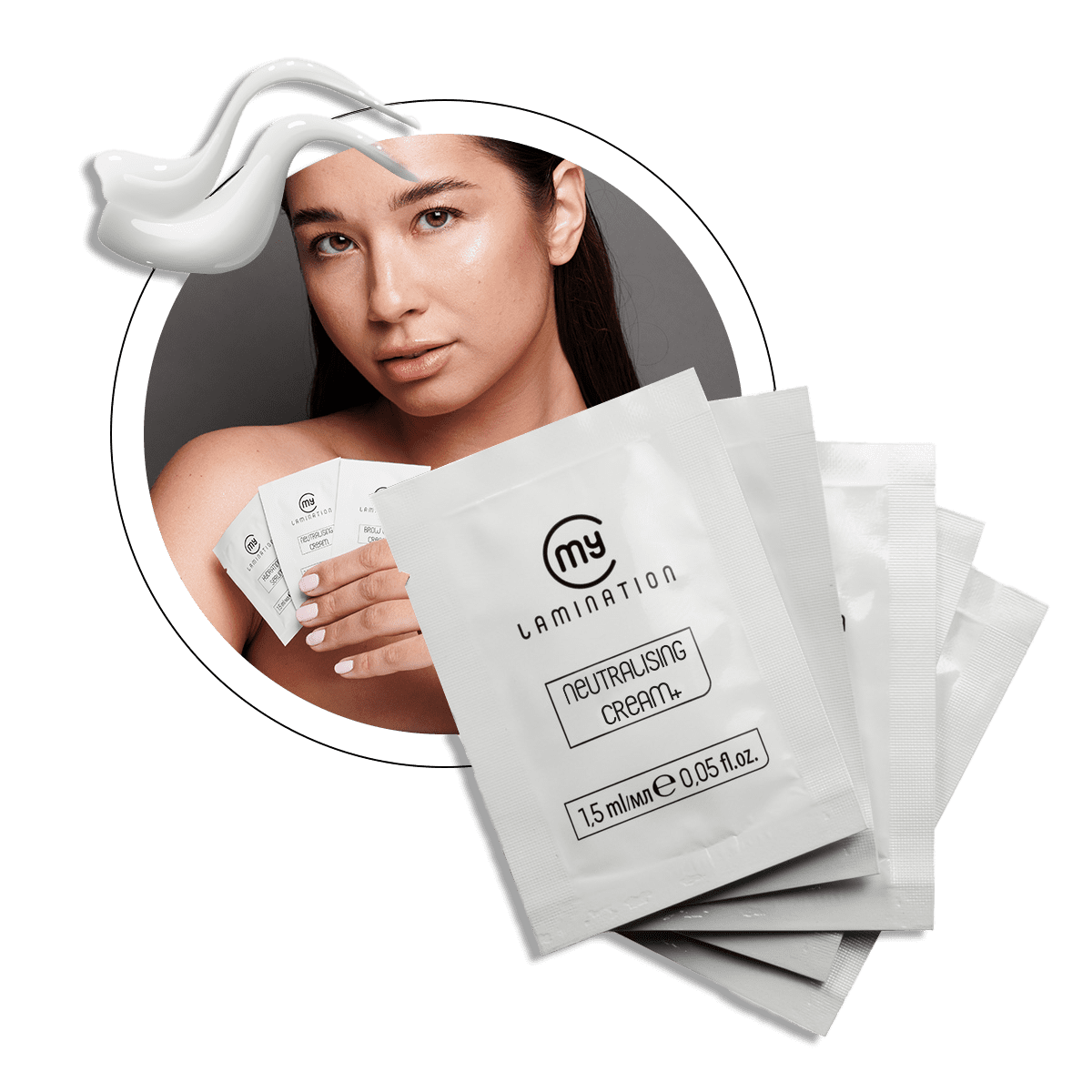 My Lamination Step 2 Neutralising Cream sachets for professional lash lifting, showing the 1.5ml packaging and creamy texture.