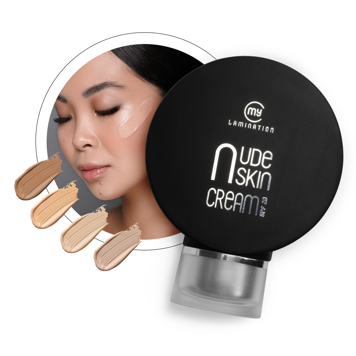 Model with Nude Skin Cream applied to her cheek, showing four available tinted swatches and the black 50ml product bottle, highlighting its creamy, skin-perfecting texture.