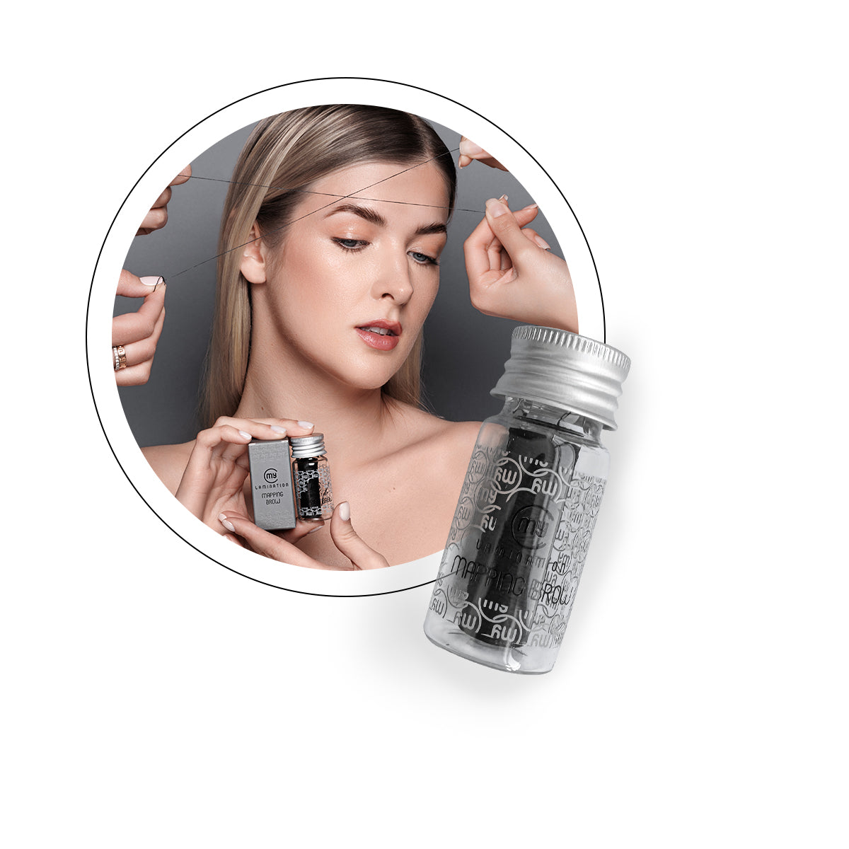 Professional My Lamination Mapping Brow string in a glass vial, showing a therapist using the pre-inked black thread to create symmetrical mapping lines on a client's forehead.