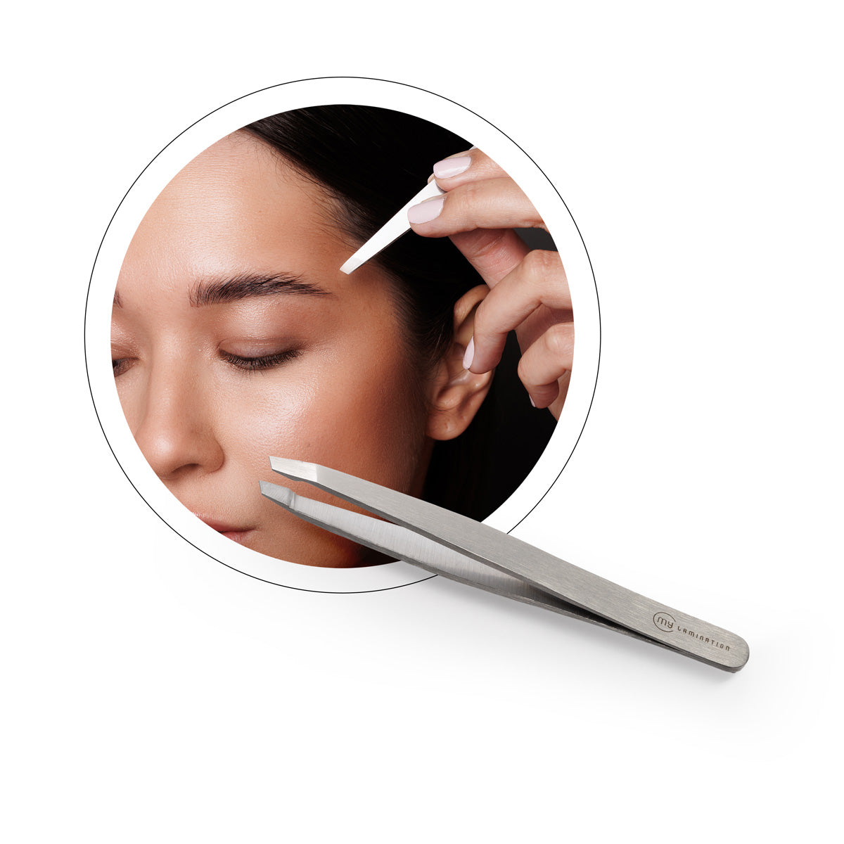 High-grade stainless steel slant-tip eyebrow tweezers by My Lamination, featuring a model precisely shaping brows for a clean, professional finish.